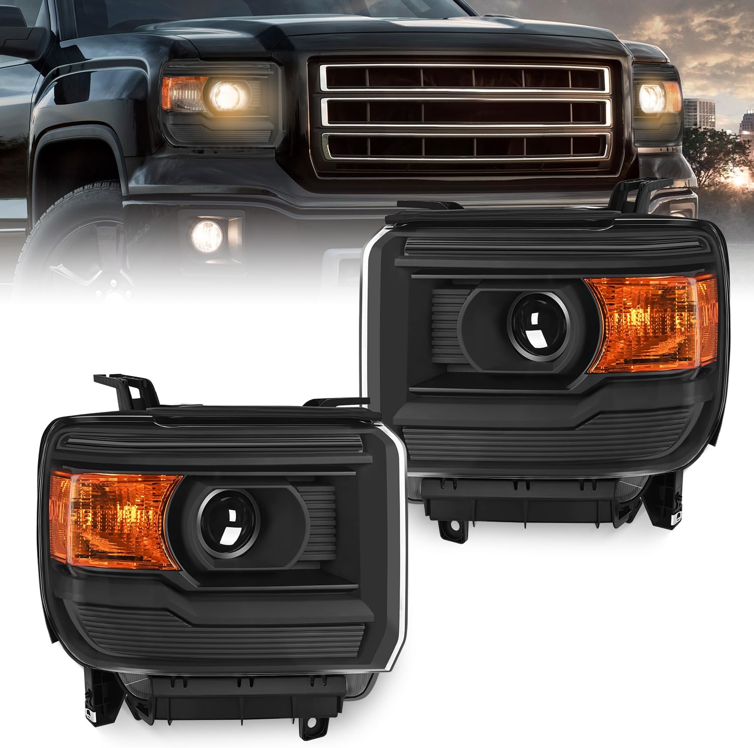 nilight headlight assembly compatible with 2014 2015 2016 2017 2018 gmc sierra 1500 2500hd 3500hd base black housing amber reflector clear lens headlights replacement