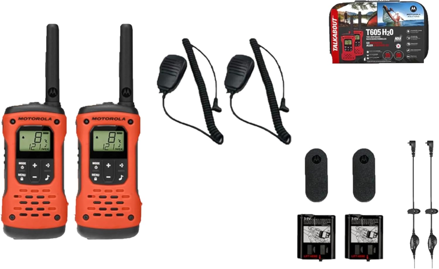 Motorola Solutions, Portable FRS Talkabout T605 H2O Two Way Radios 2-Pack, Walkie Talkies Orange Waterproof Rechargeable, Carrying Case, Orange/Black with 2 Remote Speaker Mics