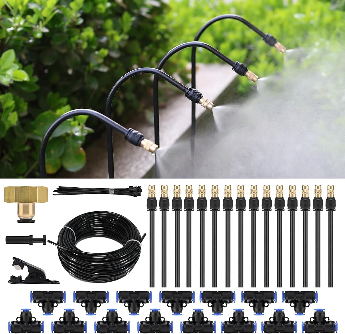 50FT Drip Irrigation System, Complete Garden Watering Kit with Rust-Proof Copper Nozzles - UV Stabilized Flexible Hose for Lawn, Greenhouse, Patio Plants