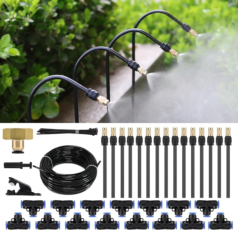 50FT Drip Irrigation System, Complete Garden Watering Kit with Rust-Proof Copper Nozzles - UV Stabilized Flexible Hose for Lawn, Greenhouse, Patio Plants