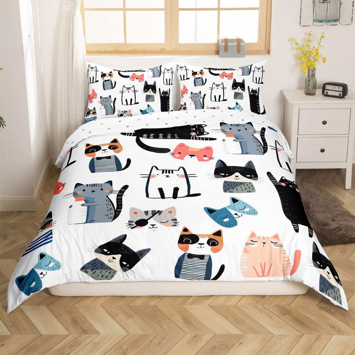 Housse de couette chat Kawaii 135x200 cm avec sa taie d'oreiller pour lit enfant