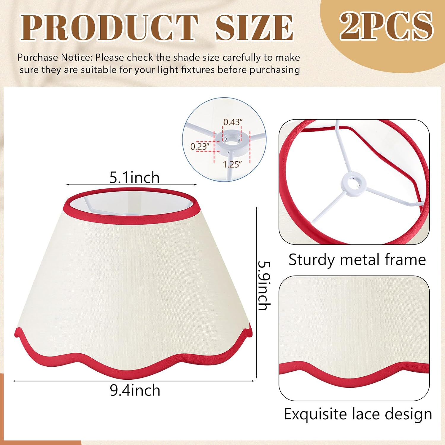 VIHOSE 9.4'' Bottom x 5.9'' High x 5.1'' Top Set of 2 Beige Lamp Shade with Petal Edge, Fabric Chandelier Scalloped Lampshade, for Floor Wall Lamps Table Bedroom Living Room(Red Edge)