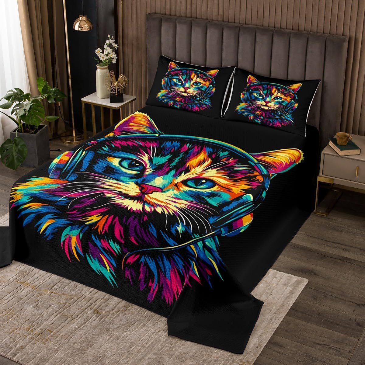 Feelyou Earphone Bedspread Cool Gaming Bedspread for Kids Boys Girls Rock Music Coverlet Set Game Controller Quilted Bedroom Collection 2Pcs Twin Size