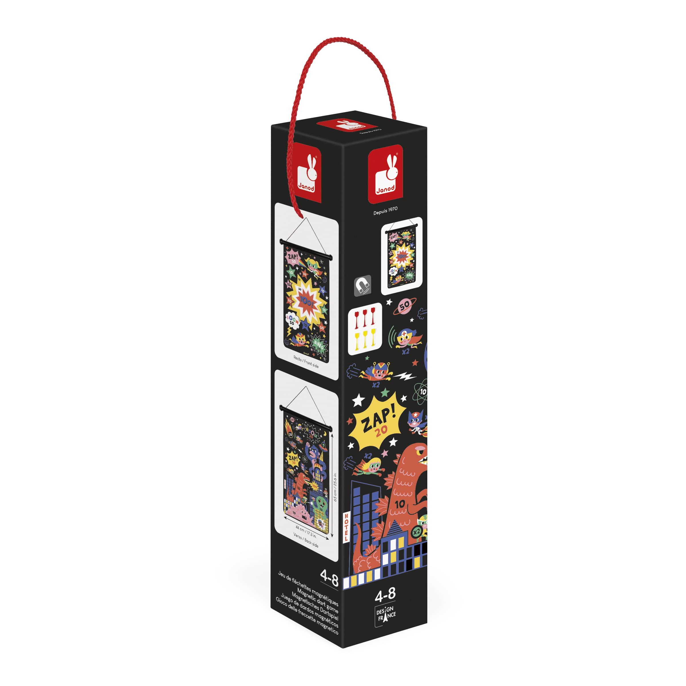 Janod - Jeu de Fléchettes Magnétiques Thème Super Héros - 6 Fléchettes Aimantées en Plastique - Jeu en Tissu Recto Verso - Dès 4 Ans, J02090