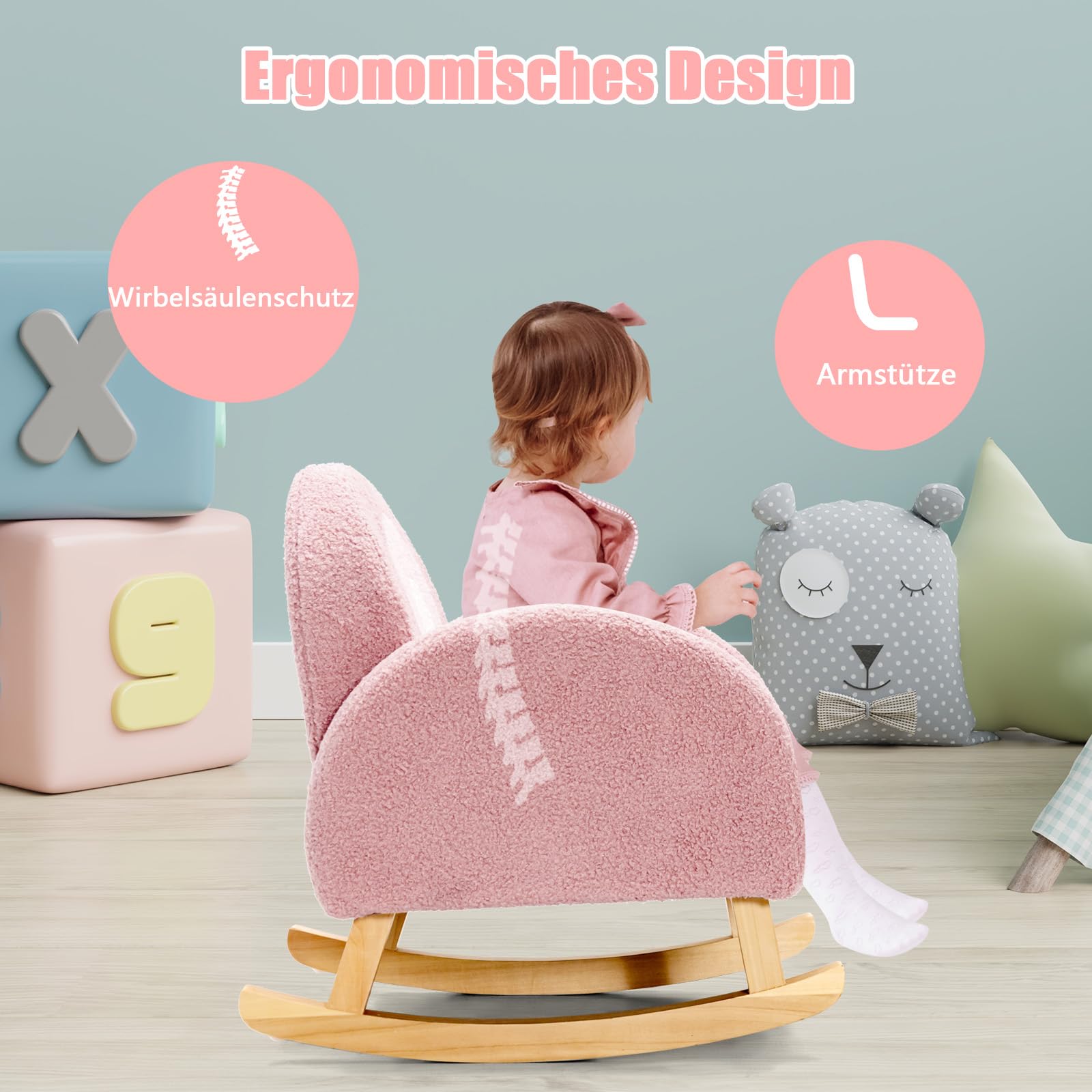 COSTWAY Kindersessel für Kleinkinder, gepolsterter Kindersofa Schaukelstuhl mit Massivholzbeinen, Schaukelsessel Kinderstuhl für Kinderzimmer, Spielzimmer & Kindergarten (Schaukelstuhl, Rosa)