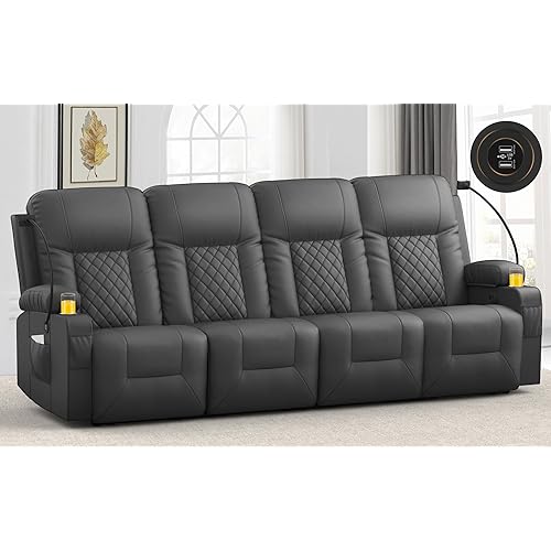 YONISEE 4 Seat Recliner Sofa, Large Reclining Sofa with Storage Drawer, Manual Recliner Couch with USB Ports, 2 Cell Phone Holder, 4 Seater Loveseat Recliner Couch for Living Room | Cell Phone Holder, USB Ports