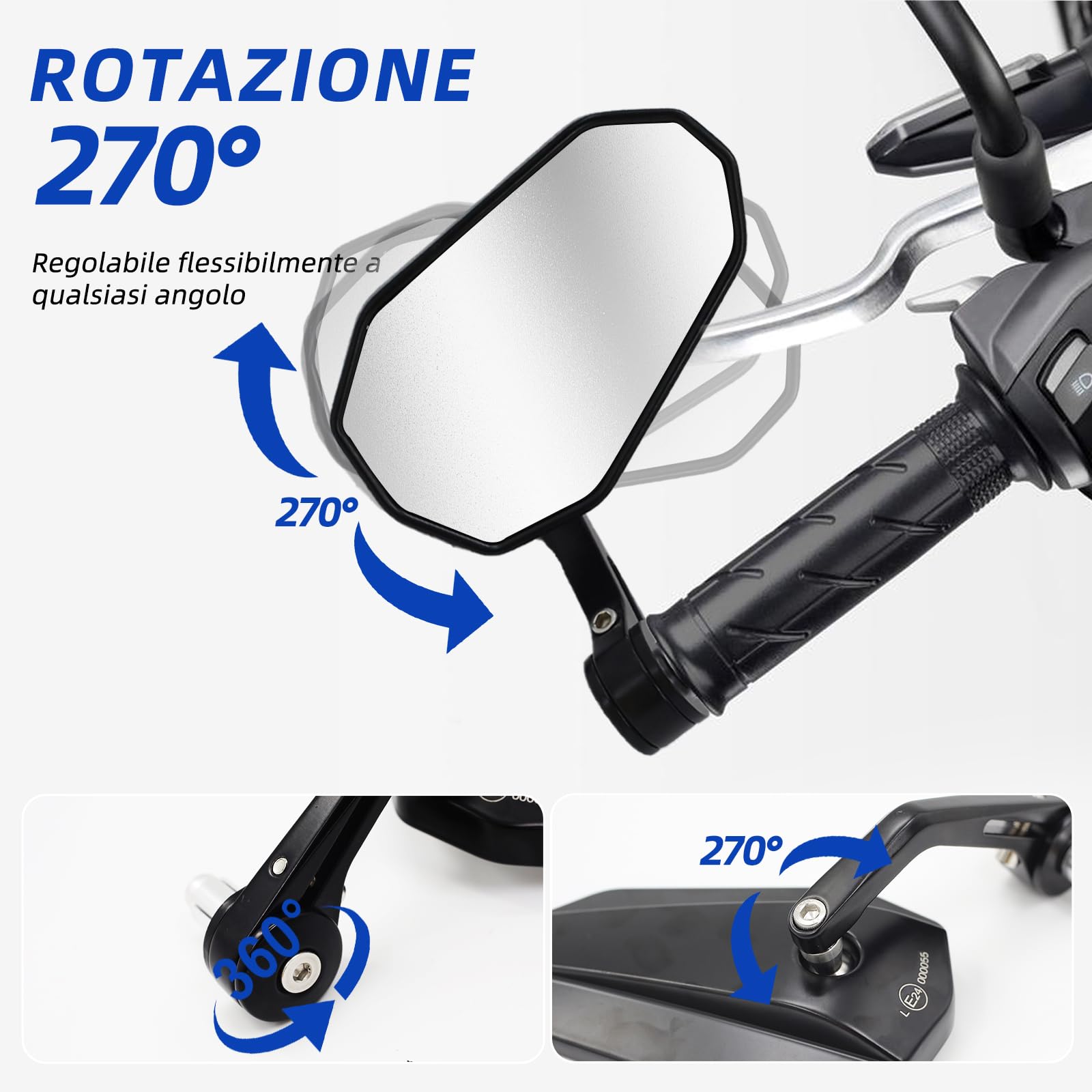 Specchietto retrovisore per moto ANEELV, girevole a 360°, certificato E, in lega di alluminio lavorata a CNC, set di specchietti retrovisori universali (uno sinistro e uno destro, confezione da due)