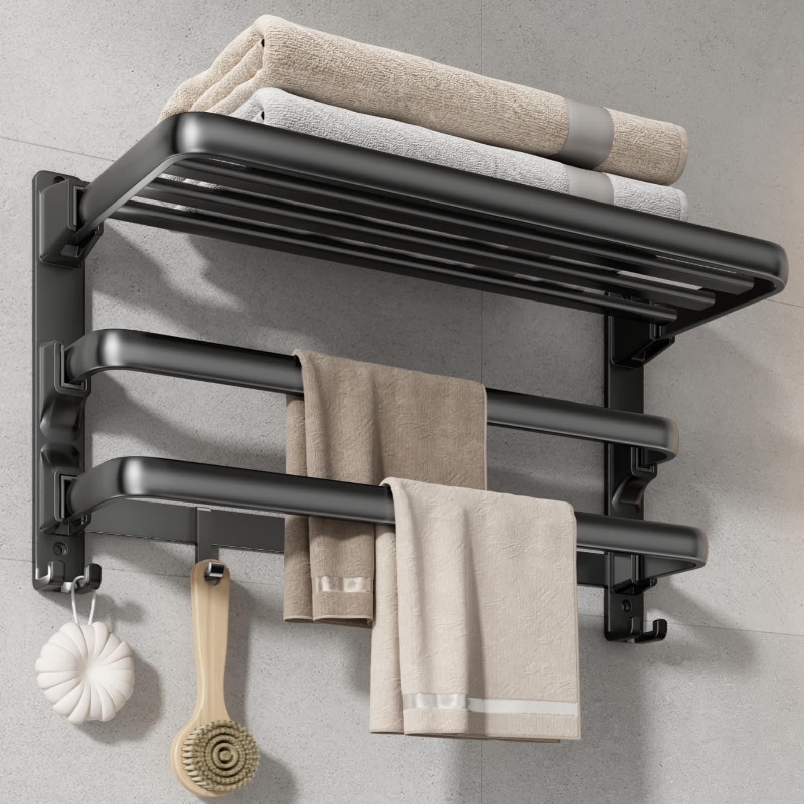 Towel Rack,Black Towel Rails with 2 Towel Bar Foldable Towel Holders with 7 Hooks Towel storage Organizer for Bathroom & Lavatory Wall Mounted (Matte Black),24Inch