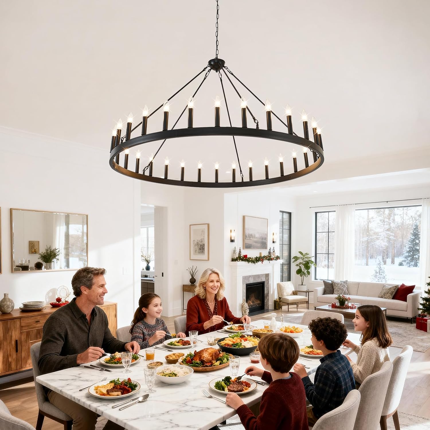 53 inch Wagon Wheel Chandelier 30-Light Black Round Farmhouse Chandeliers Modern Industrial Dinning Room Ceiling Light Fixtures for Living Room Foyer Entryway Outdoor Porch