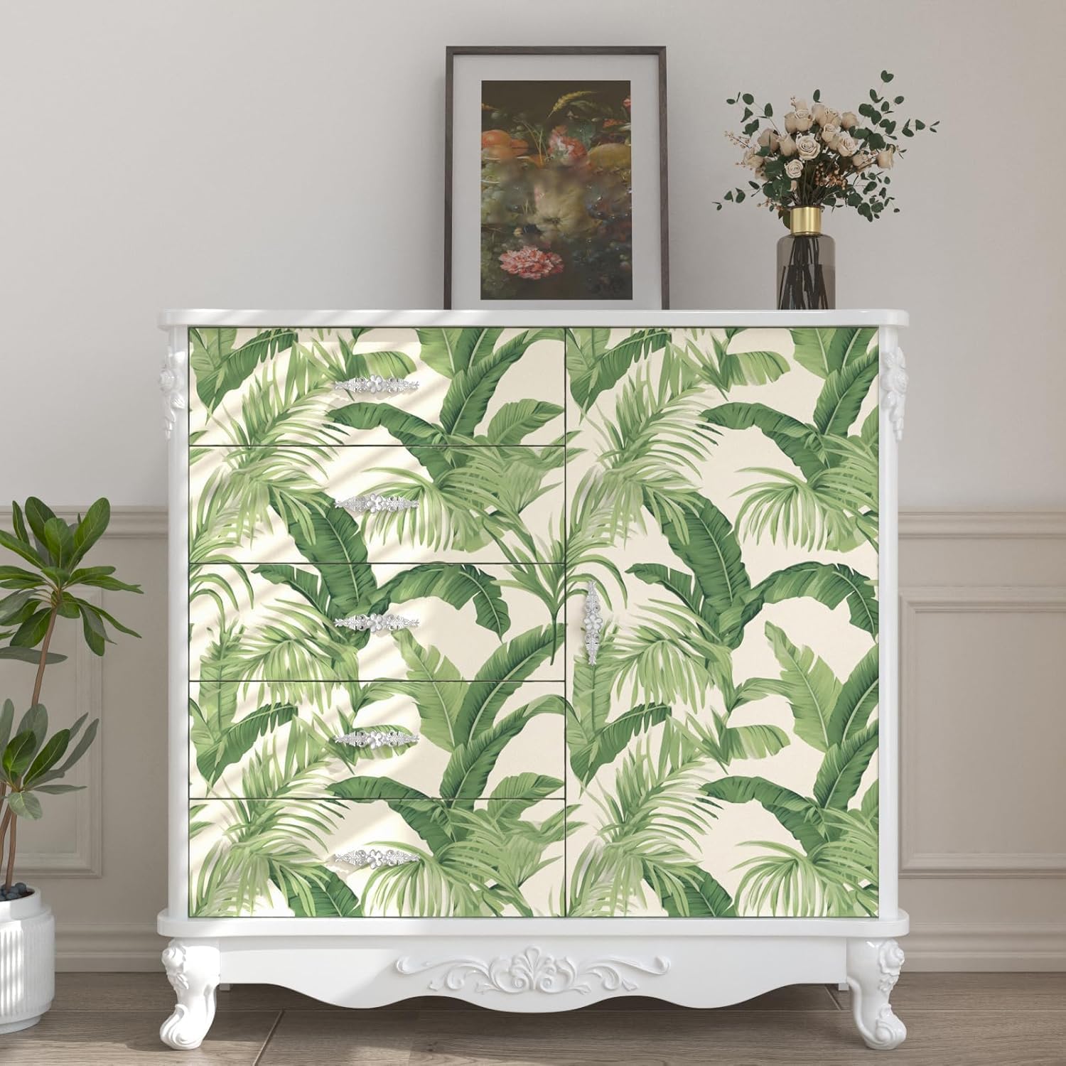Laatse Green Leaf Wallpaper Peel and Stick, Beige Tropical Contact Paper 17.5" x 393.7", Palm Leaves Wall Paper Self Adhesive Waterproof Removable for Room Shelves Cabinet Drawer Table Decor