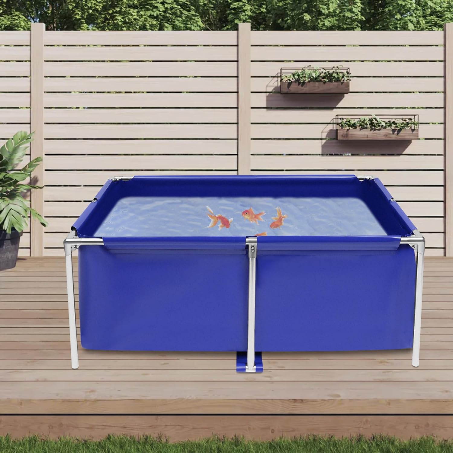 Canvas Above Ground Fish Pond, Blue Foldable Water Storage, Display Show Tank, Koi Pond, Aquarium Pool with Stainless Steel Frame, Drain Valve or Breeding Koi & Irrigation