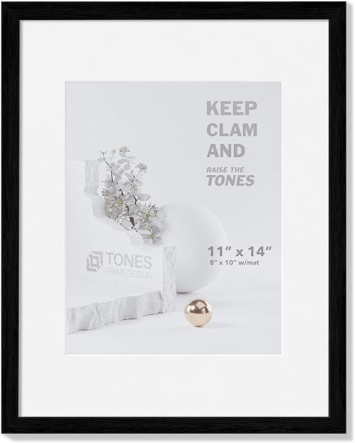 TONES FRAME DESIGN 14x11 Photo Picture Frame, Black Wood Streak Poster Frame with 10x8 Mat Wall, and Tabletop with Plexi Sheet (One Pack)