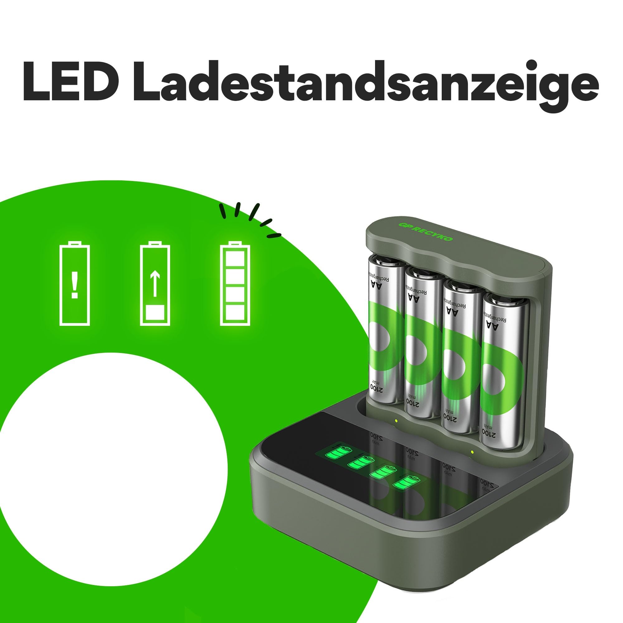 GP ReCyko USB Batterie Ladegerät B441 inkl. 4X ReCyko Akku AA 2100 mAh & USB Dockingstation, Akku Ladegerät AA AAA mit LED-Anzeigen