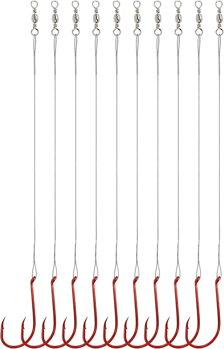 Avlcoaky Fishing Hooks with Steel Wire Leader, 50pcs Octopus Catfish Hooks Pre-Rigged Anti-Bite Stainless Steel Trace for Toothy Fish, Saltwater High Carbon Steel Circle Trout Hooks for Shark, Walleye
