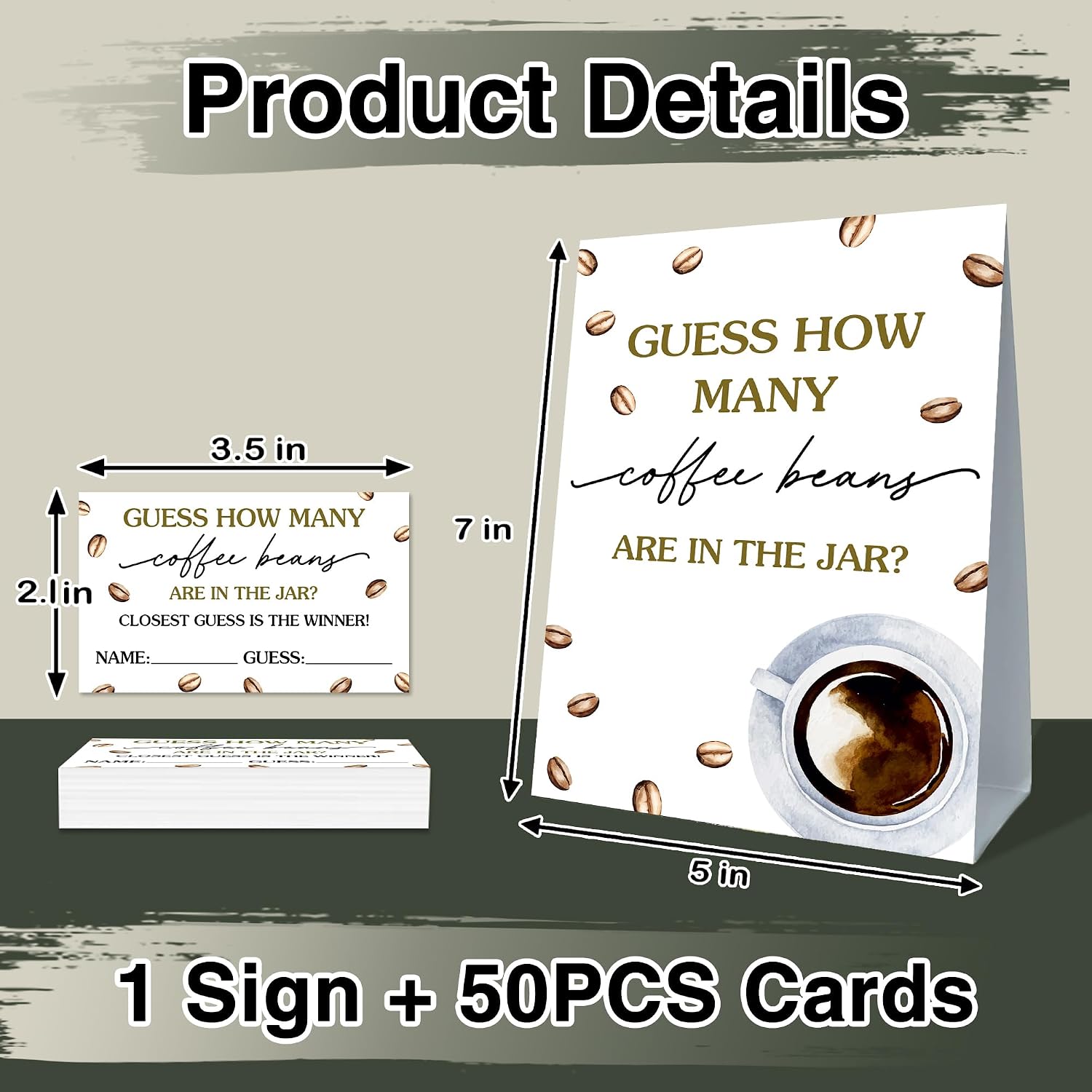 Guess How Many Coffee Beans Game, 50 Cards with Standing Party Sign