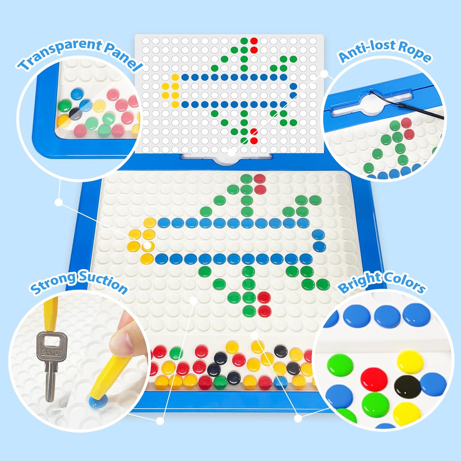 Magnetic Drawing Board for Kids,Large Magnet Doodle Board with Dot Beads and 20 Pattern Booklets,Montessori Educational Traveling Toy for 2 3 4 5 6 Year Old Boys Girls (Blue)