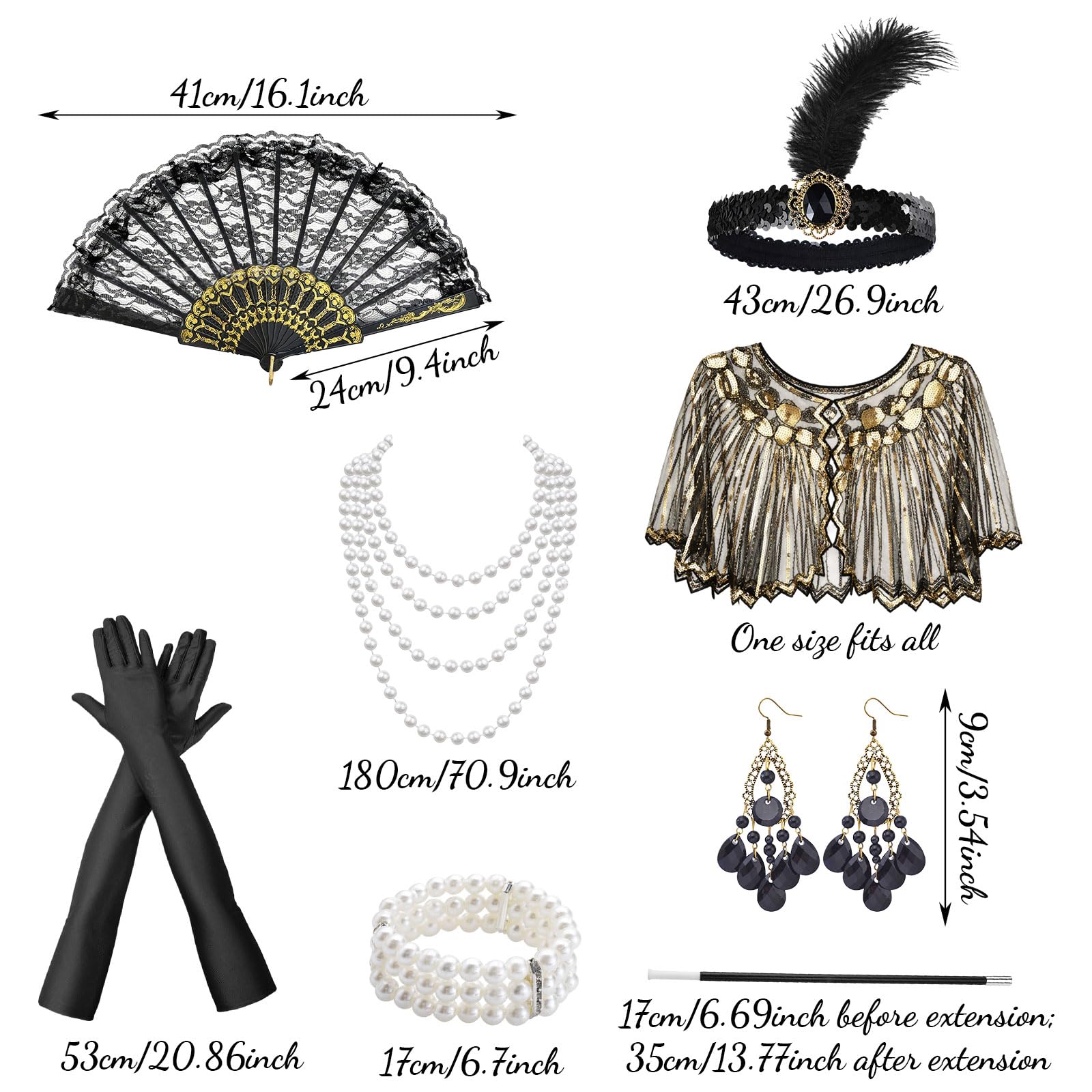 AWAVM 1920s Flapper Accessories Set for Women,9 Pcs Great Gatsby Accessories Women with Shawl Sequin Headband Gloves Necklace Earrings Lace Fan Bracelet Socks for Women Ladies Party - Image 2