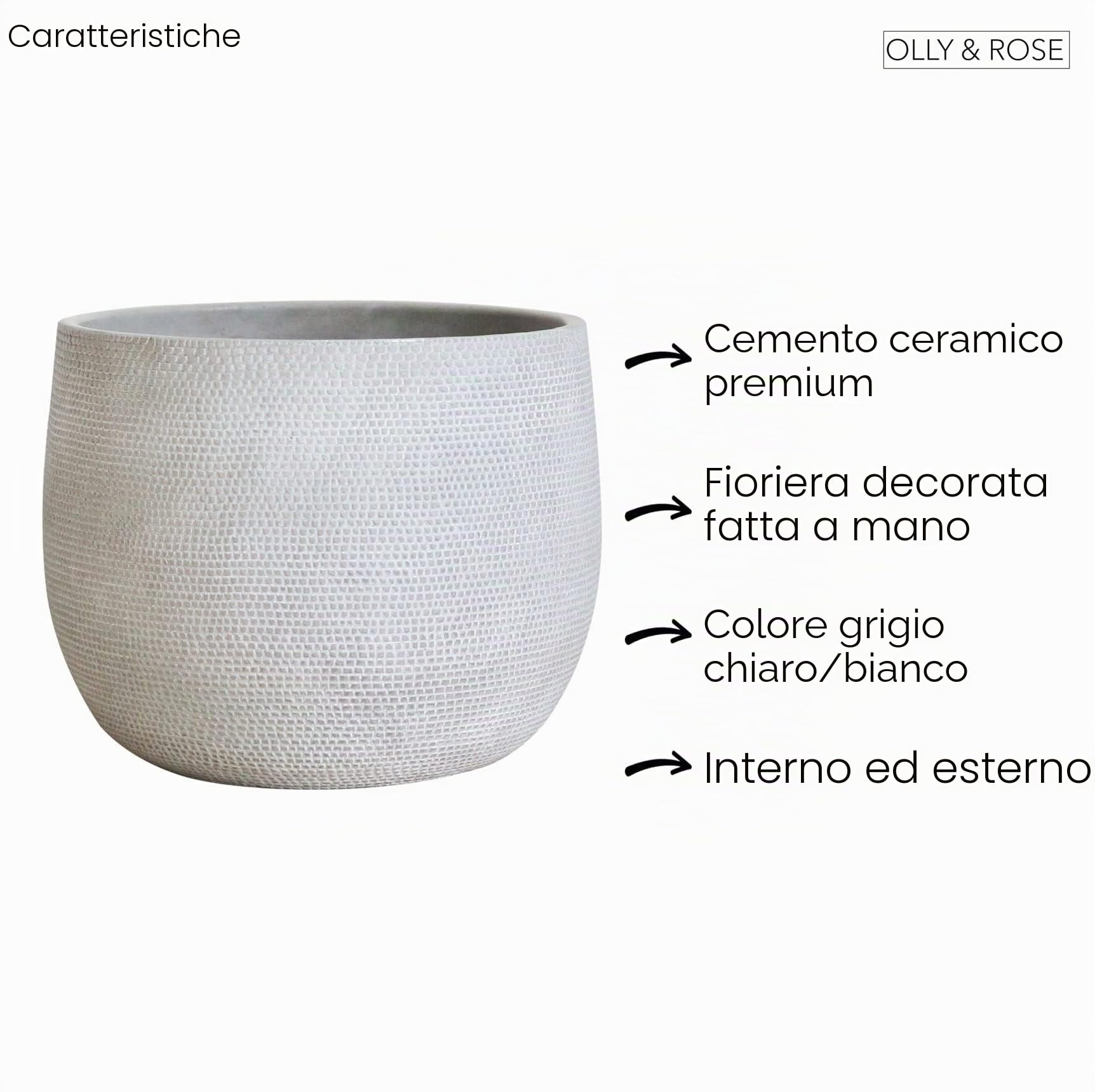 Olly & Rose Vaso per piante Barcellona in ceramica, grande, 25 cm, colore bianco sporco e grigio, vaso per piante da interno ed esterno, extra large