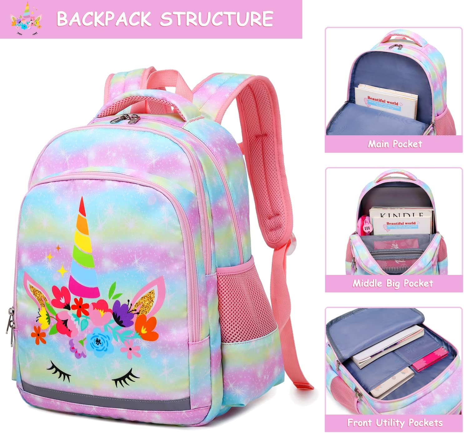 Girls Backpack, Unicorn Backpack for Girls, School Bag Preschool Backpack for Girl, Unicorn Bookbag Set for Kindergarten Elementary School