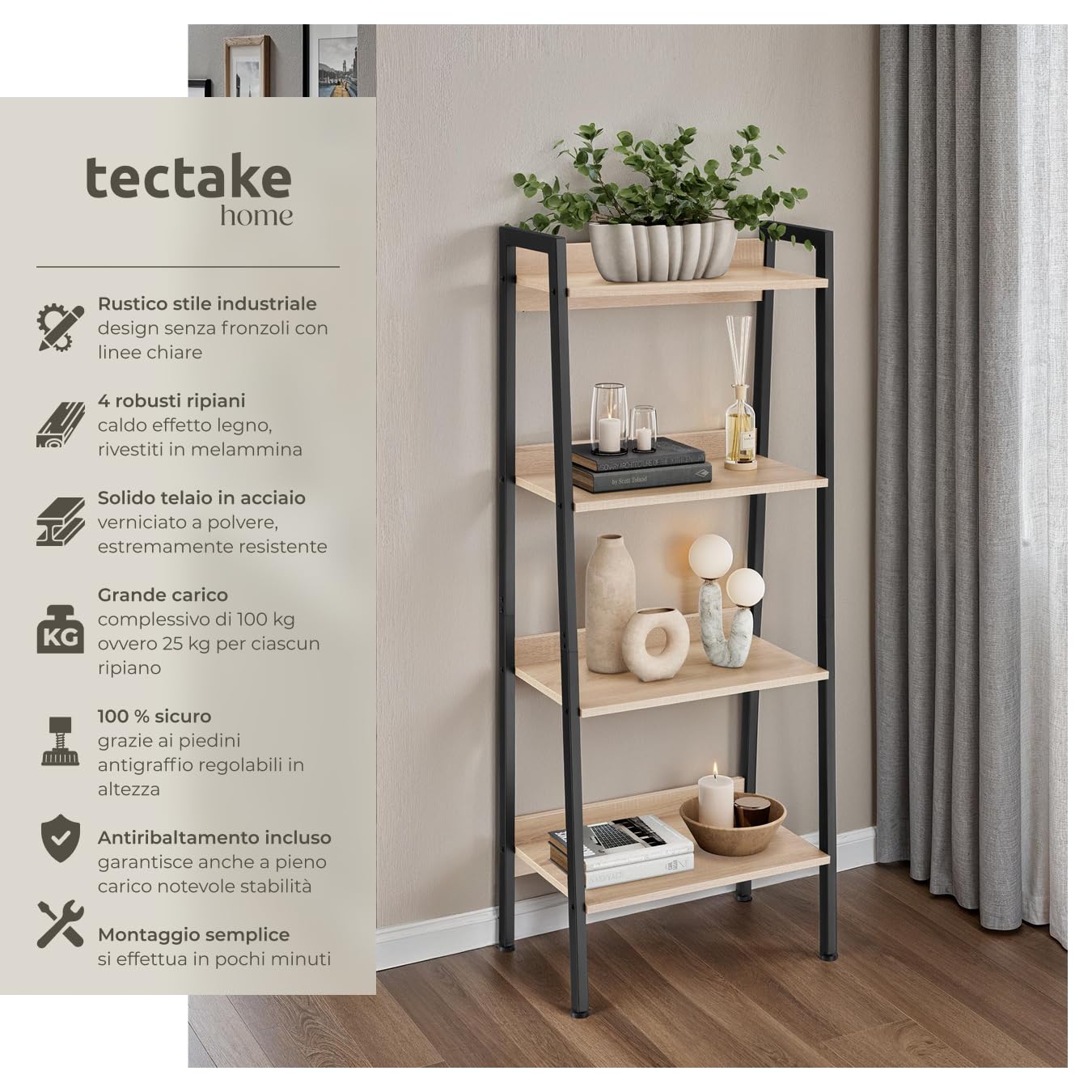 tectake® Scaffale a Scala, Libreria Verticale con 4 Ripiani, Struttura in Acciaio porta libri, Libreria Verticale, Facile Montaggio - 57,5x34x138 cm - Legno industriale chiaro