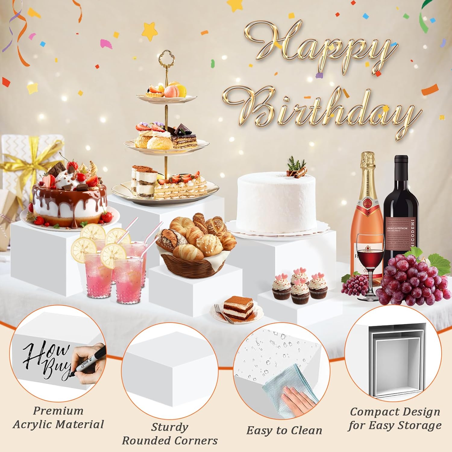 8-Pack Acrylic Buffet Risers Set - Versatile Display Stands for Dessert Tables, Collectibles, and Party Food Presentation (3" to 10" Sizes, White)