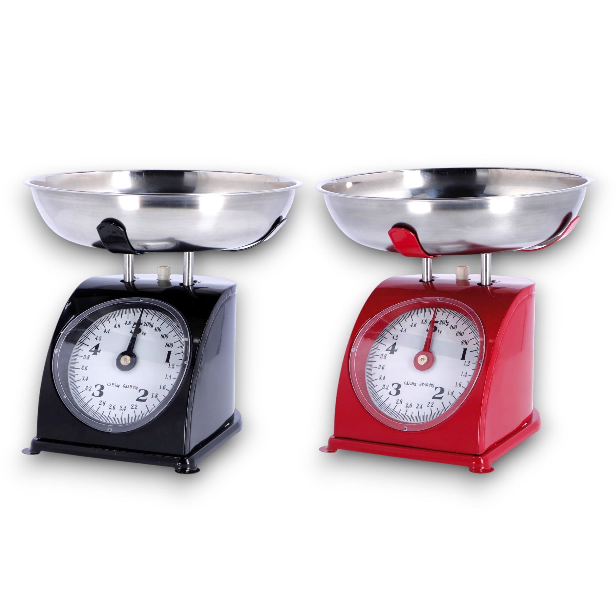 KORAT Bilancia da Cucina vintage Meccanica Tara manuale, quadrante grande e vaschetta in acciaio inox, capacità 5 kg struttura robusta in ferro, Analogica per alimenti
