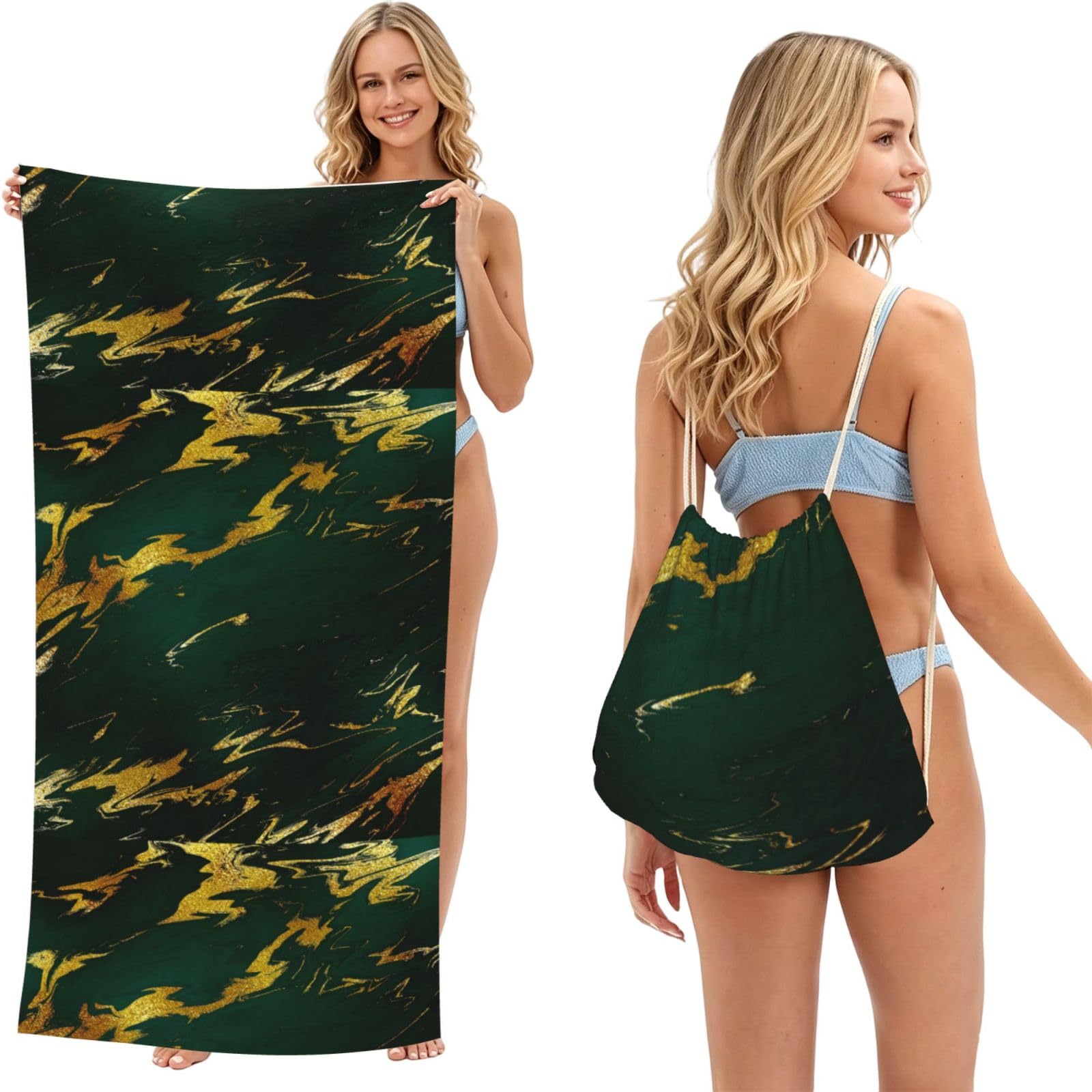 Poadnly As Picture Emerald Deep Green Earth Tones Gold Marble, 2 In 1 Packable Towel Bag, Beach Towels With Drawstring Backpack For Travel Holiday Camping