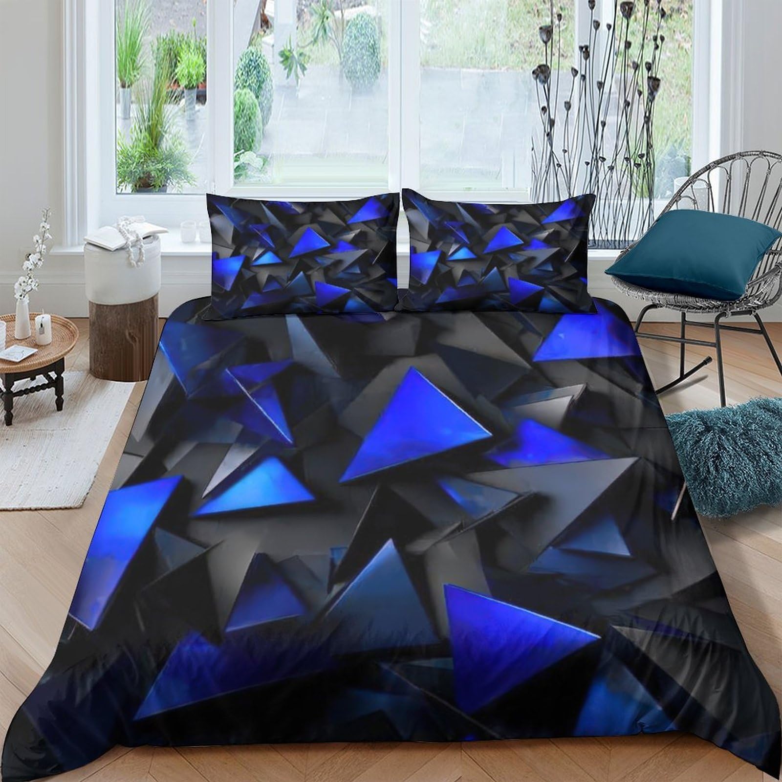 Ctjqhvkz Style-7 3D Printed Blue Geometric Fitted Sheet Microfiber Soft Breathable Black Triangle Mattress Cover For Bedroom Dorm Decor Single（135X200cm）