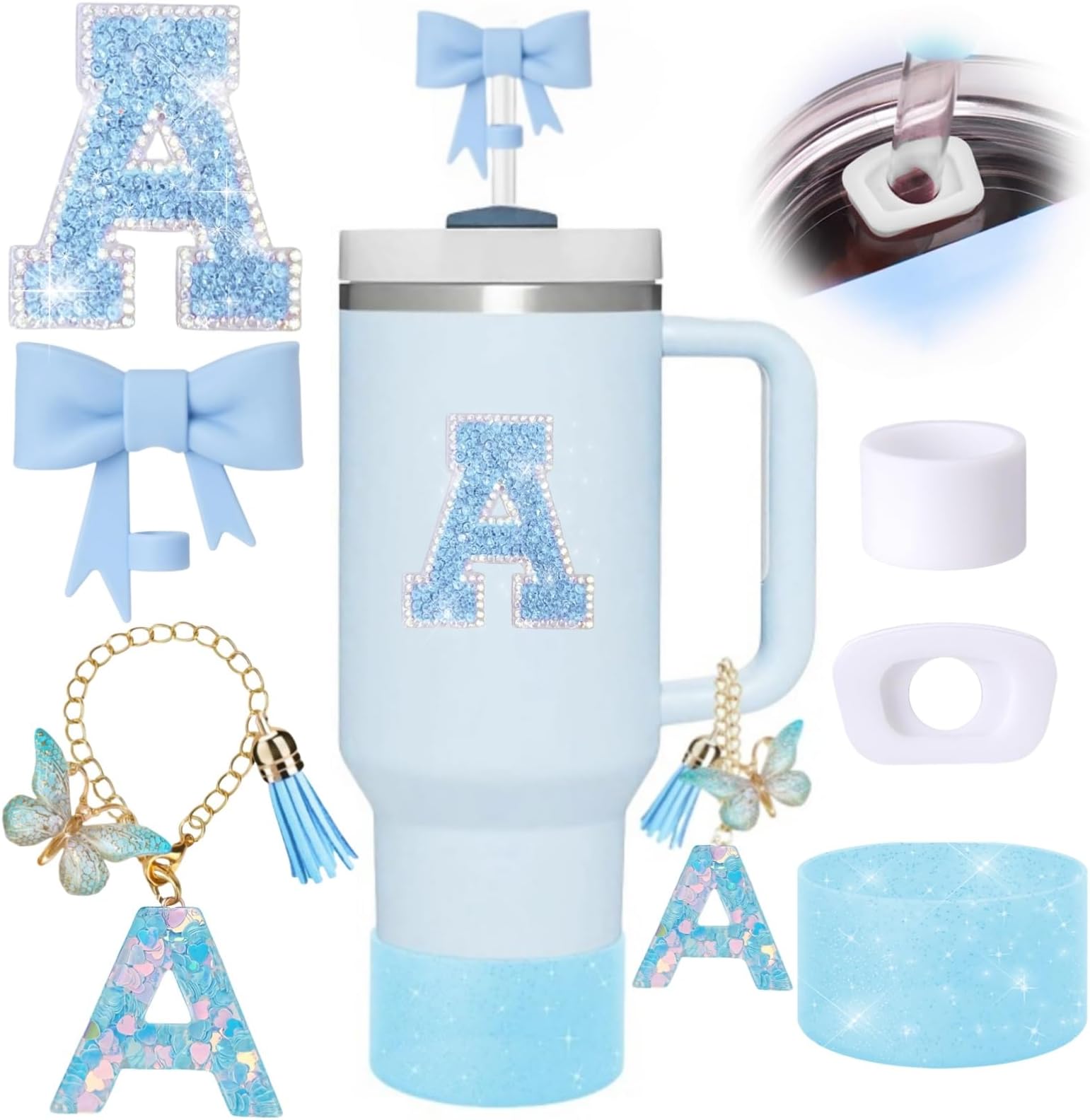 6pcs Blue Stanley Cup Accessories Set, Bow Straw Topper for Stanley Cup 30oz 40oz, Including Straw Topper and Sparkly Silicone Boot, Stoppers Spill Proof, Handle Charm, Initials Sticker