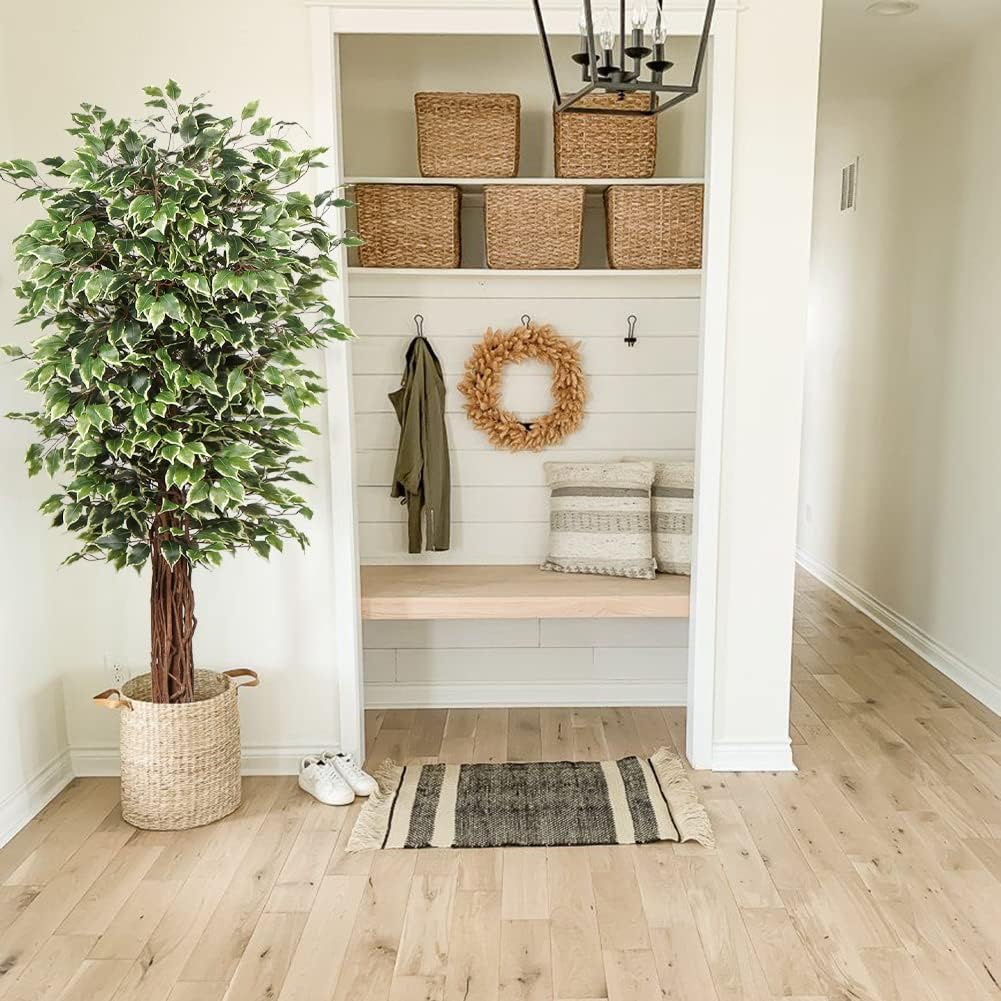 plant Artificial Ficus Tree 6ft in Pot Fake Silk Plant with Green White Leaves Natural Trunk for Indoor Outdoor Home Garden Decor