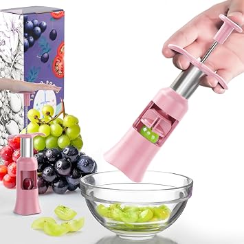 Newness Grape Cutter Tool - Stainless Steel Kitchen Gadgets with 2 Straw Brushes & 2 Types of Slicing - Cherry, Grape, Tomato - Baby Fruit Cutter Pink