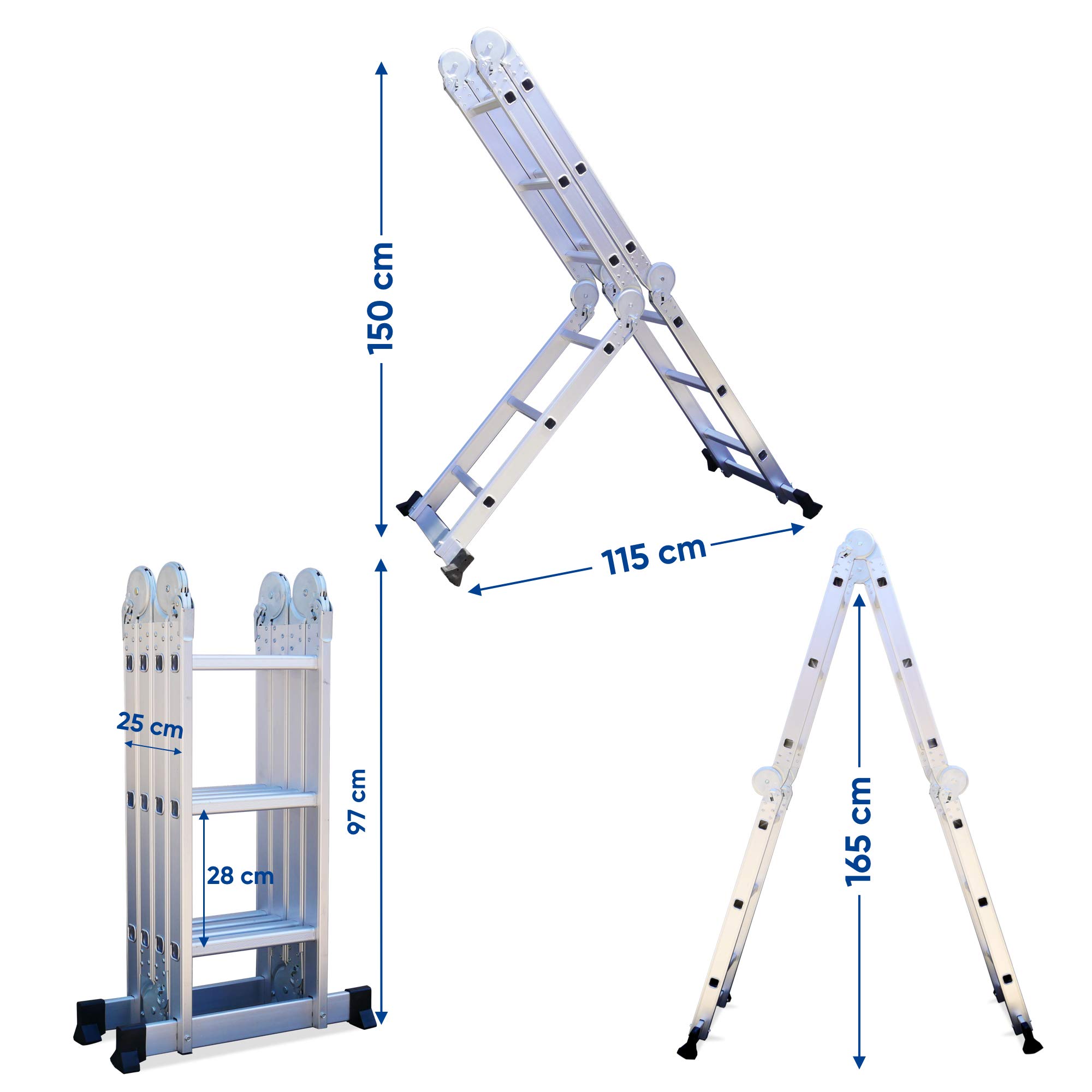 KELI - Echelle articulée 3,5m Multifonctions,Multi-Position,Plateforme,Fabriqué en Alu, Qualité Professionnelle, Marche d'accès Confort, Certifiée à 150kg, EN131 CE