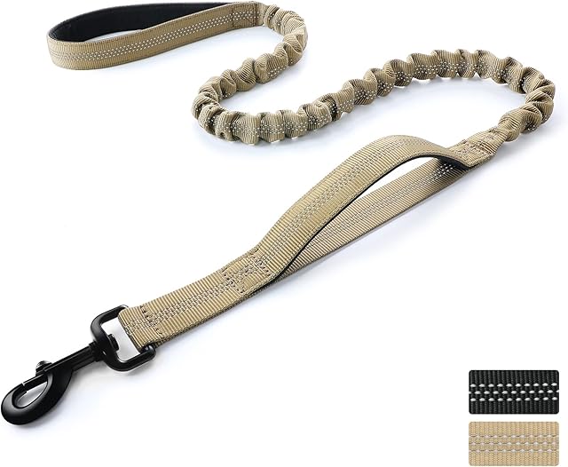 rabbitgoo Tactical Bungee Dog Leash, Elastic Leads Rope with 2 Padded Traffic Control Handles for Military Dog Training and Night Walking, Quick Lock & Release, Brown, 114cm -158cm