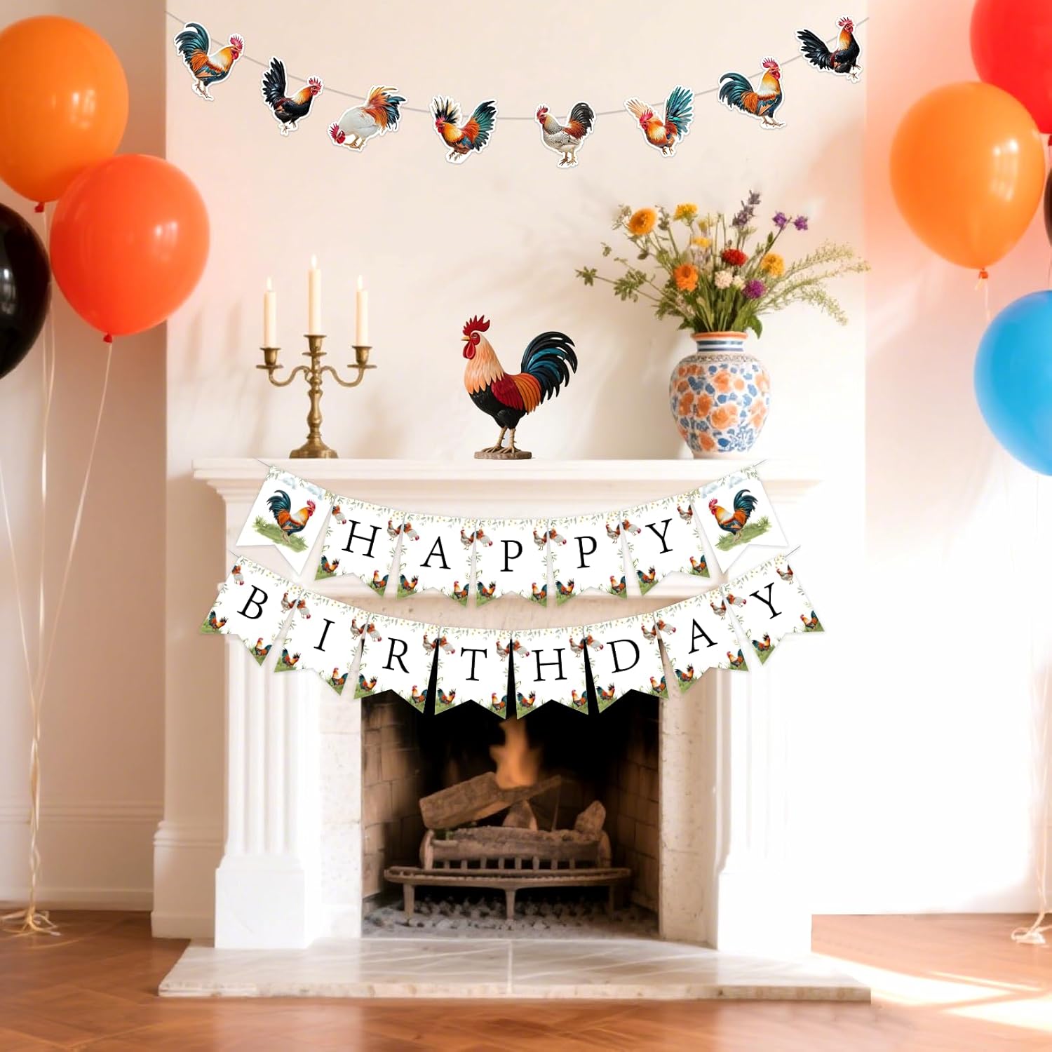 Rooster Happy Birthday Banners - Rooster Birthday Party Decorations for Boys Girls, Pre-strung Chicken Farm Animal Chick Barnyard Theme Party Supplies