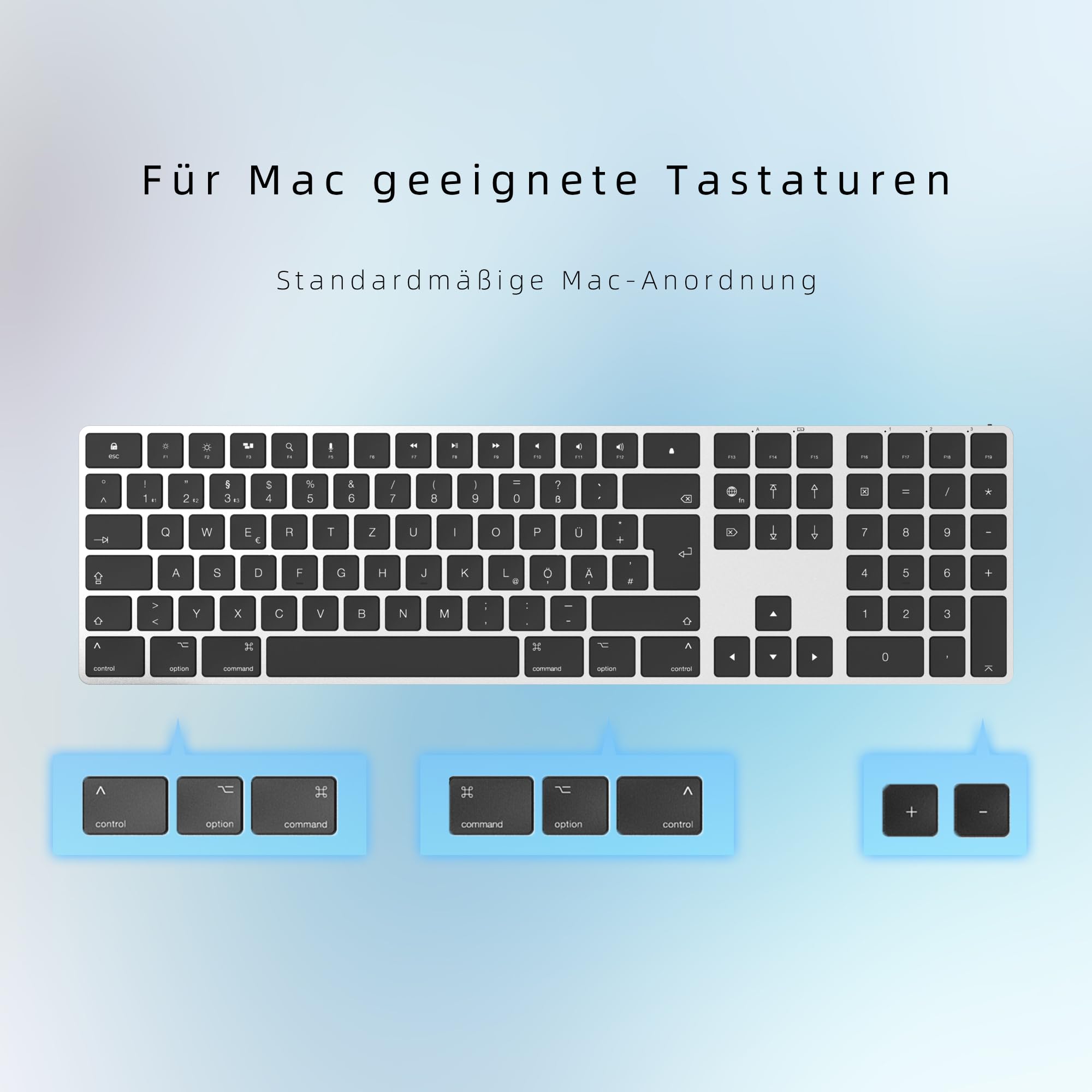 Bluetooth Aluminium Wireless Tastatur für Mac, Low-Profile und leise Tasten für Multi-Device Kompatibel mit Apple iMac, MacBook, Mac und iPad, wiederaufladbarer Akku, Silber Schwarz - KB-K2-SV-DE