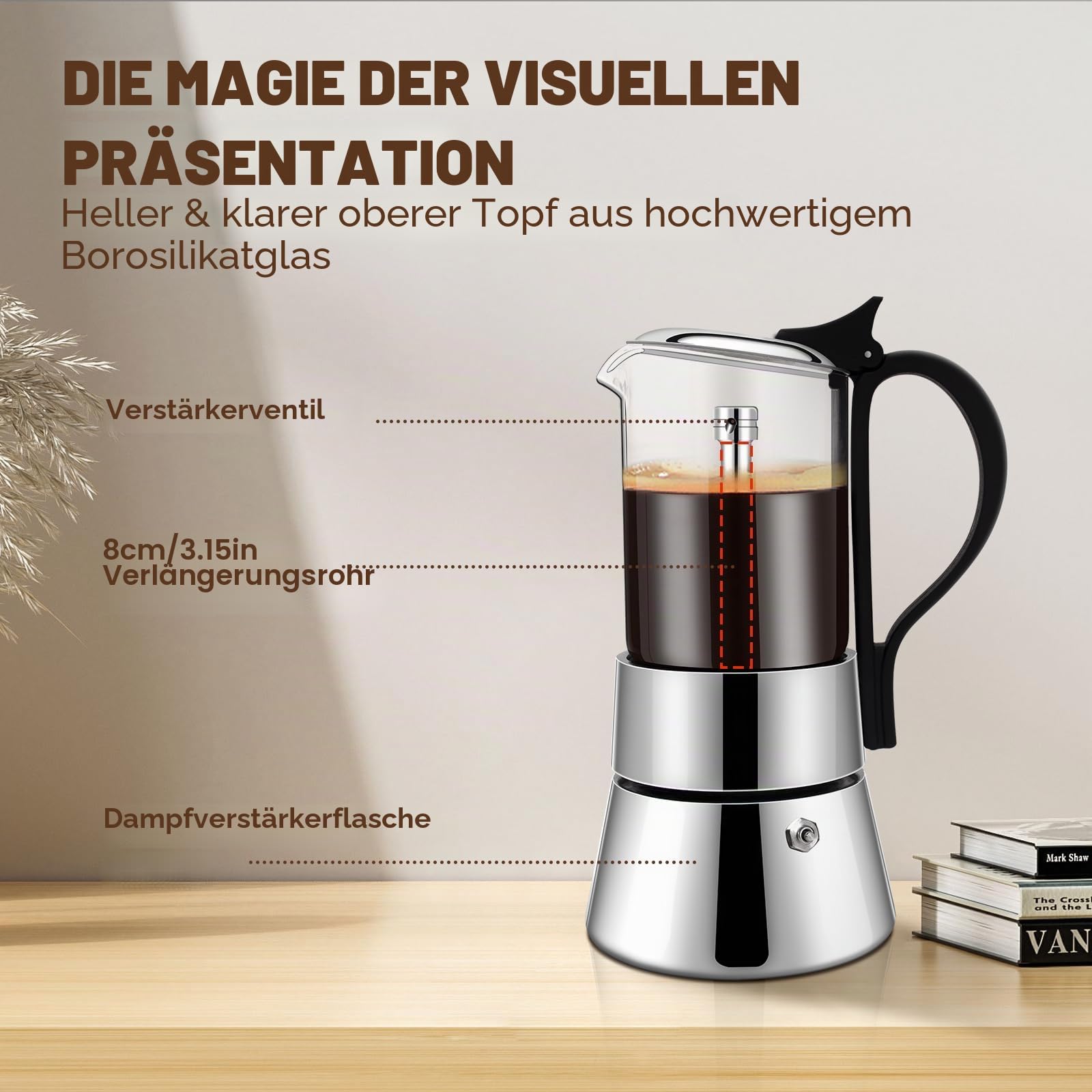 6 Tasse Glas Transparent Moka Pot Edelstahl Uncoated Stovetop Espresso Maker Italienische Kaffeemaschinen Mocha Greca Maschine Cafe Classic Induktionskocher für Zuhause Camping 350ml