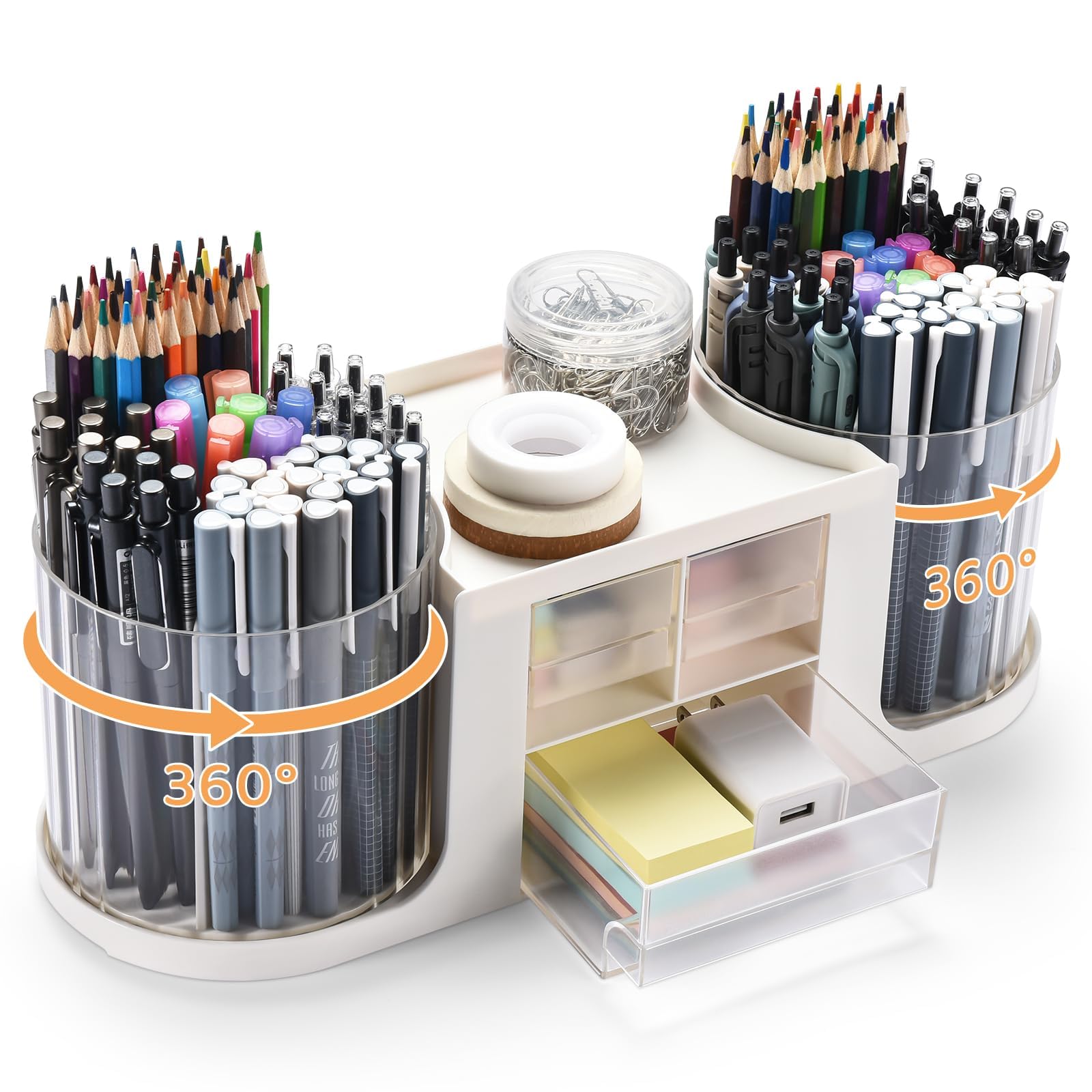 Rotating Desk Organizer with 2 Pen Holder, Desk Organizers and Accessories with 10 Slots Pencil Holder for desk + 3 Drawer, Art Supply Storage Box Caddy for Office School Home (White)