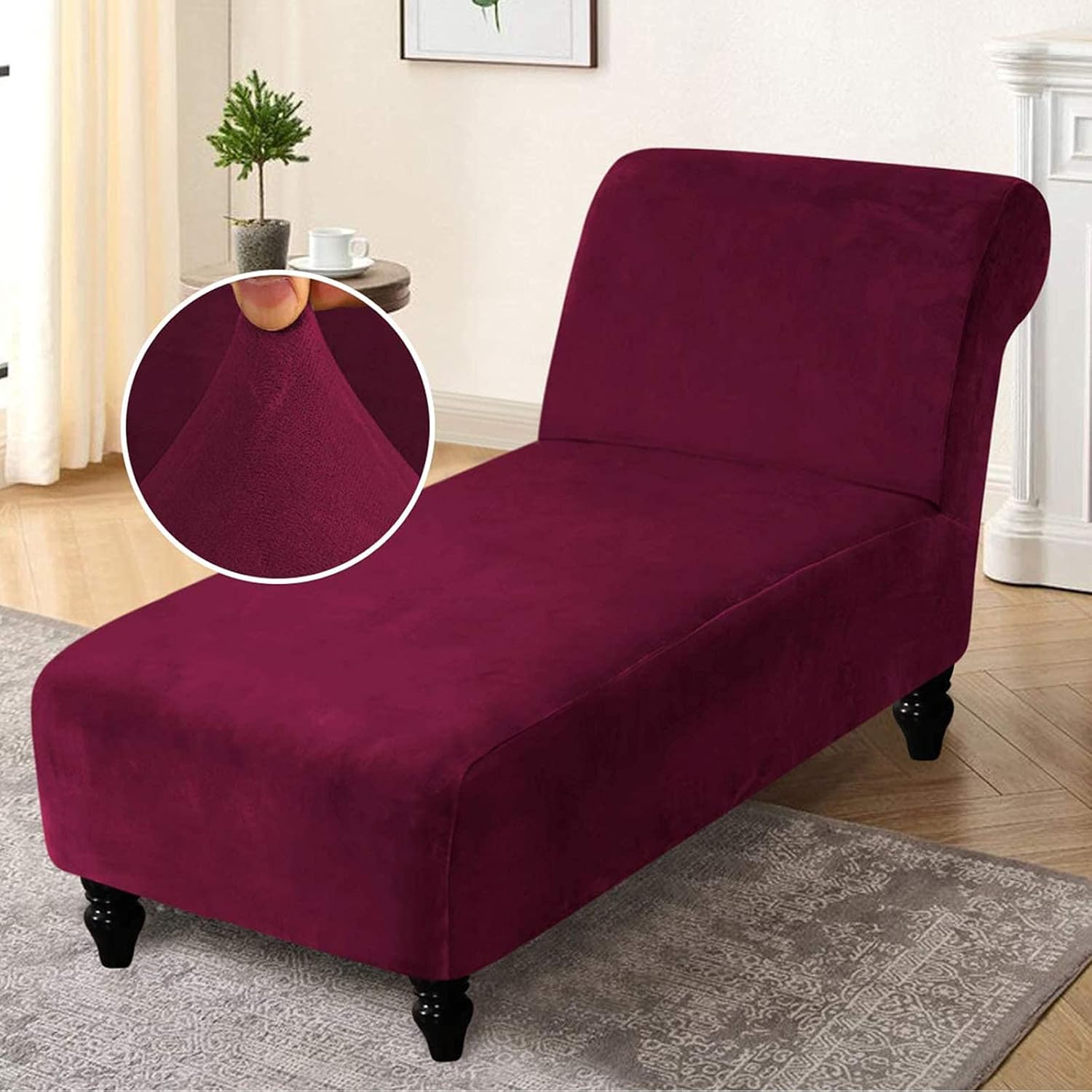 CAMZ Velvet Curved Chaise Lounge Cover, Stretch Armless Lounge Chaise Chair Slipcover Recliner Chair Slipcover Furniture Protector for Indoor Bedroom Chaise Cover (Wine red)