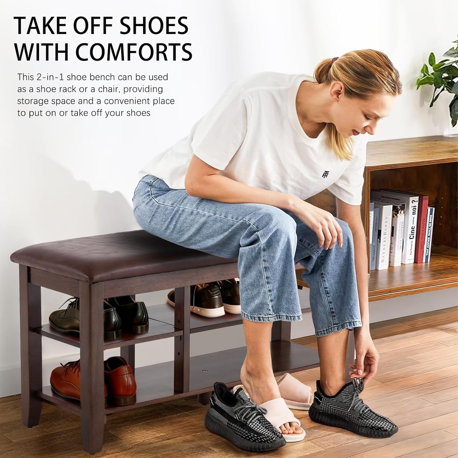 PY HOME & SPORTS Shoe Rack for Entryway 39.4": 2-Tier Shoe Storage Bench, Adjustable/Removable Shelves, Rubberwood Shoe Benches for Hallway, Porch, Bathroom, Brown