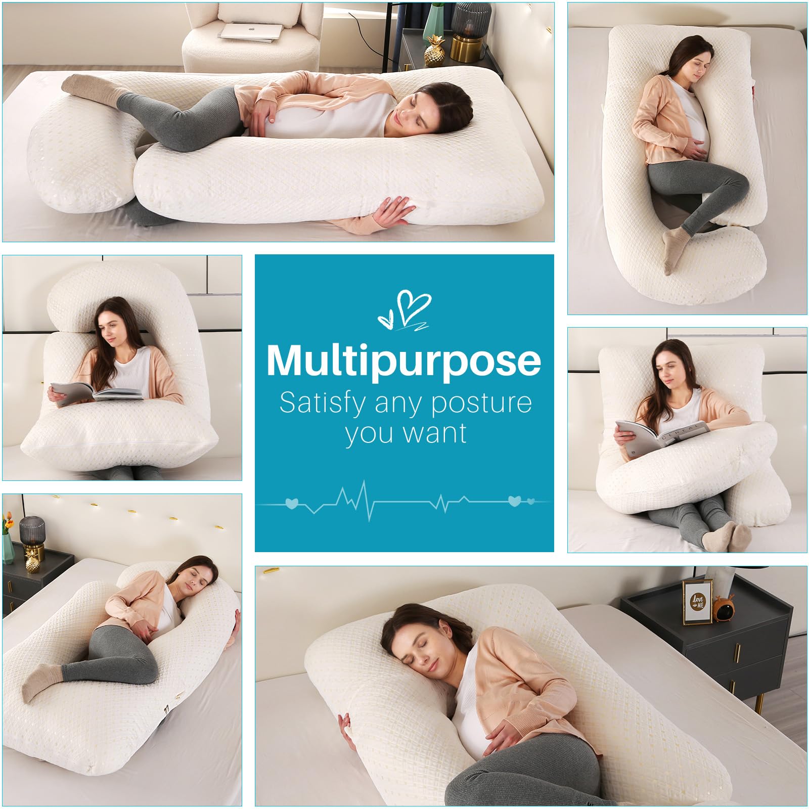 GKXLH Almohada suave de embarazo, almohada de maternidad de cuerpo completo en forma de J para mujeres embarazadas con funda de poliéster, 71 x 145 cm, blanca, lisa, lavable