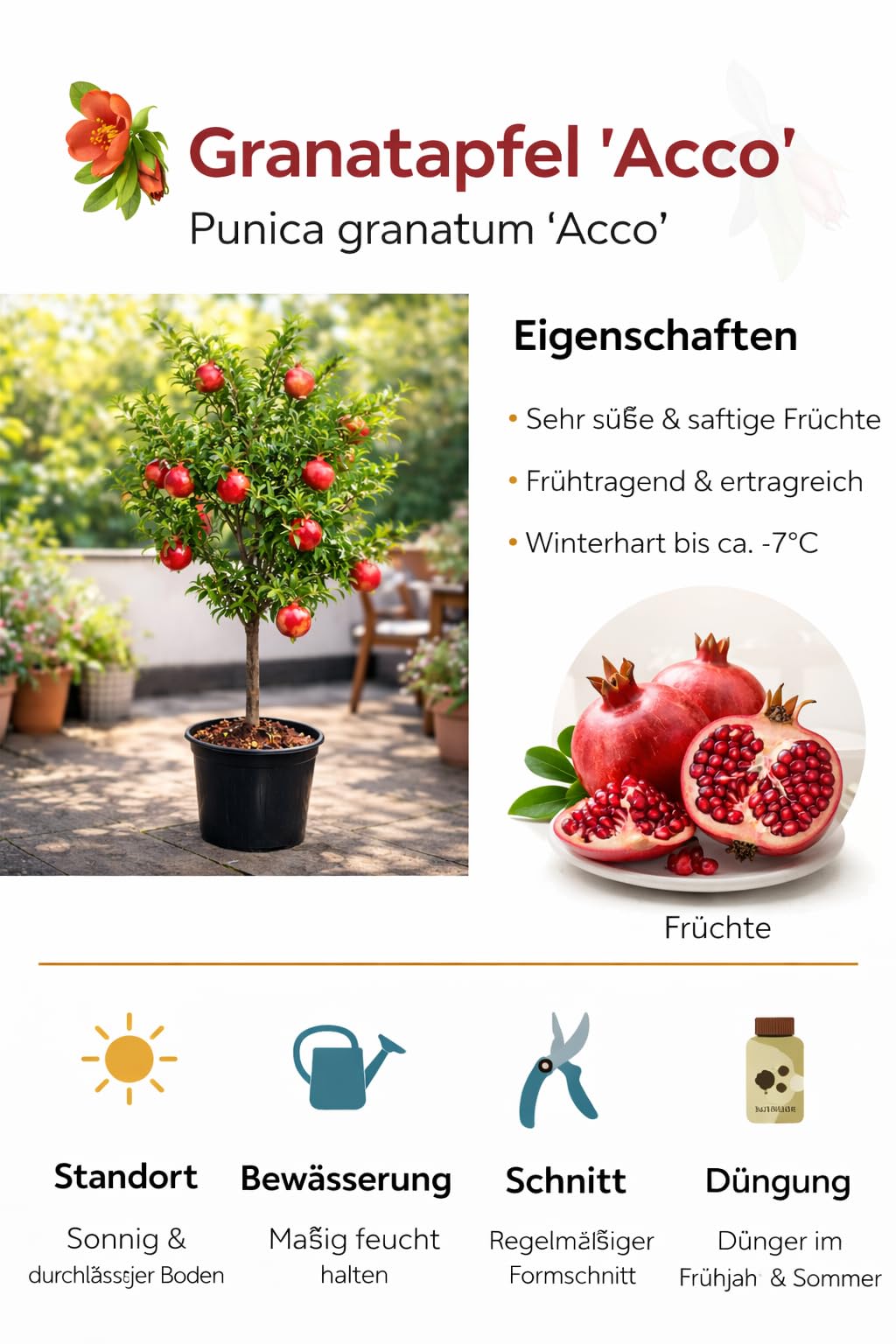 Punica granatum ‘Acco’ Granatapfelbaum 70–100 cm – winterhart, ertragreich, mediterrane Kübelpflanze, dekorativer Obstbaum für Balkon & Garten, pflegeleicht, essbare Früchte