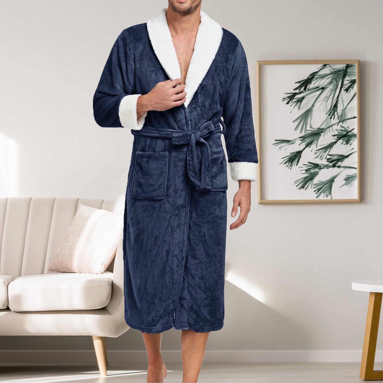 Generisch Pyjama long en flanelle pour homme - Robe de chambre longue avec bretelles - Robe de nuit avec poches - Peignoir douillet - Vêtement de maison décontracté