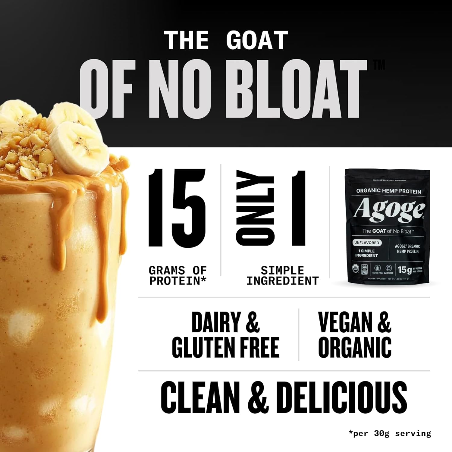 Agoge - USDA Organic Hemp Protein Powder, The Goat of No Bloat, Unflavored, NSF Certified for Sport, Essential Amino Acids, Plant-Based, Gluten Free, for Women & Men (20 Servings) (Unflavored)