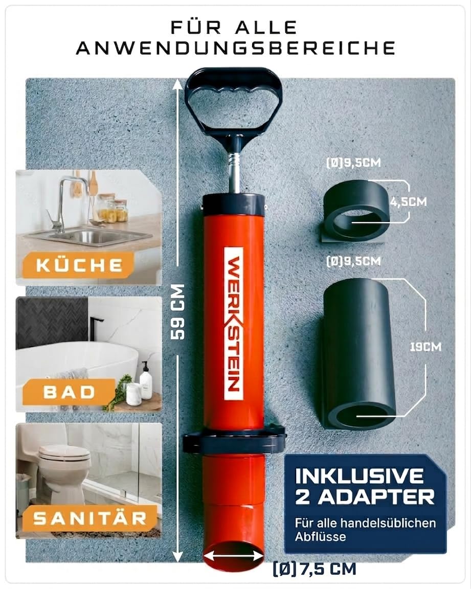 WERKSTEIN Rohrreinigungspumpe I Hochdruck Abflussreiniger zur schnellen und effektiven Rohrreinigung in Bad, Küche und WC I Made in Germany I Rohrreiniger Abflussreiniger Pumpe Rohrreiniger Druckluft