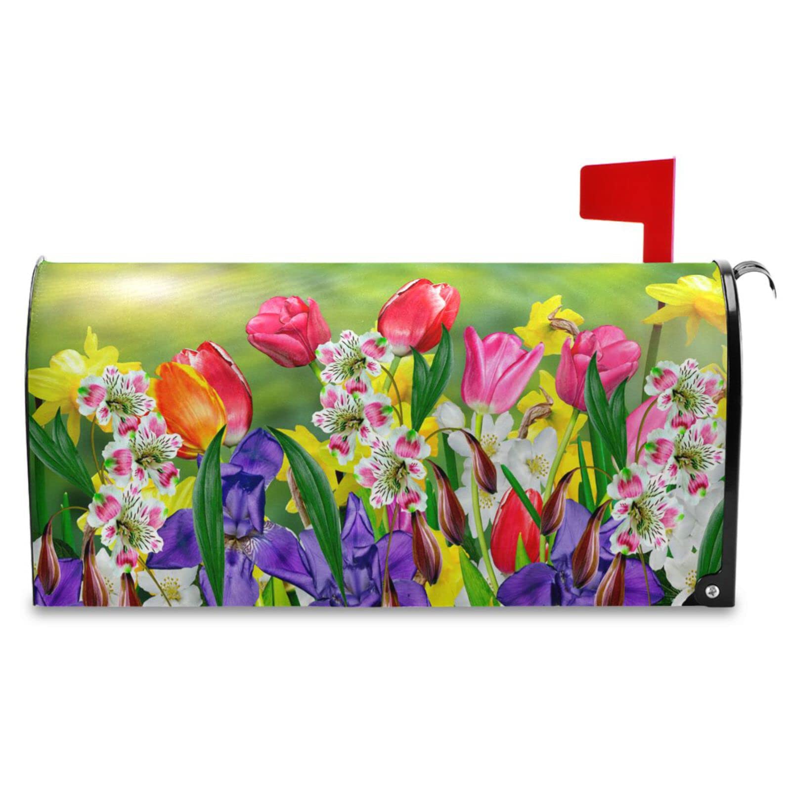 Spring Summer Flowers Mailbox Covers Magnetic Tulips Daffodils Daisy Florals Mailbox Cover Standard Size 18" X 21" Mailbox Wraps Post Letter Box Cover Garden Decorations