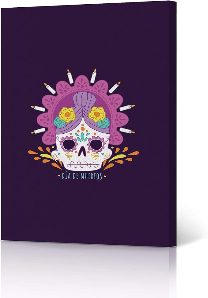 HB Art Design Dia De Muertos Floral Woman Sugar Skull Candles Mexican Decorations Day of The Dead Canvas Print Fiesta Party Wall Art Bedroom Living Room Wall Decor Ready to Hang Made in USA 12x8