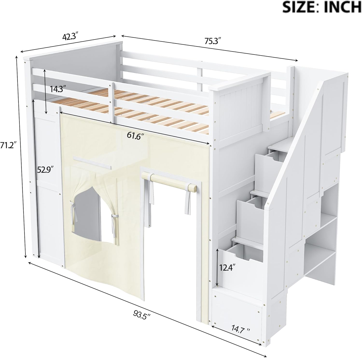 Merax Twin Size Loft Bed with Side Desk and 2 Drawers for Kids, Wooden Loft Bed with Storage Staircase Guardrails and Curtain, Under Bed Play Space, No Box Spring Needed, White