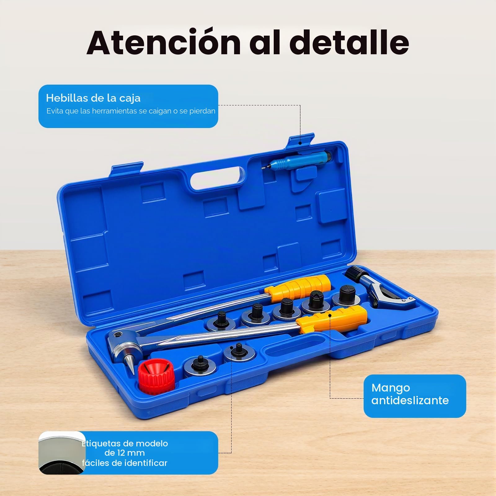 Kit de expansión de tubo, herramienta de expansión de tubo para plomería, expandidor de tubo manual, 7 cabezas 10-28mm, cobre aluminio acero flexible, cortador de tubo, desbarbador, sistema de frío