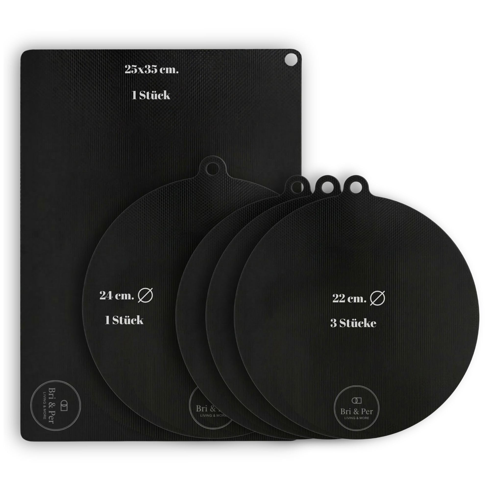 Bri & Per Induktionskochfeld Schutzmatte Set 5 Stück – Induktionsschutzmatte zum Kochen, Schutz für Induktionskochfeld, rutschfest & hitzebeständig 280°C – 3 × 22 cm rund, 1 × 24 cm rund, 1 x 25×35 cm