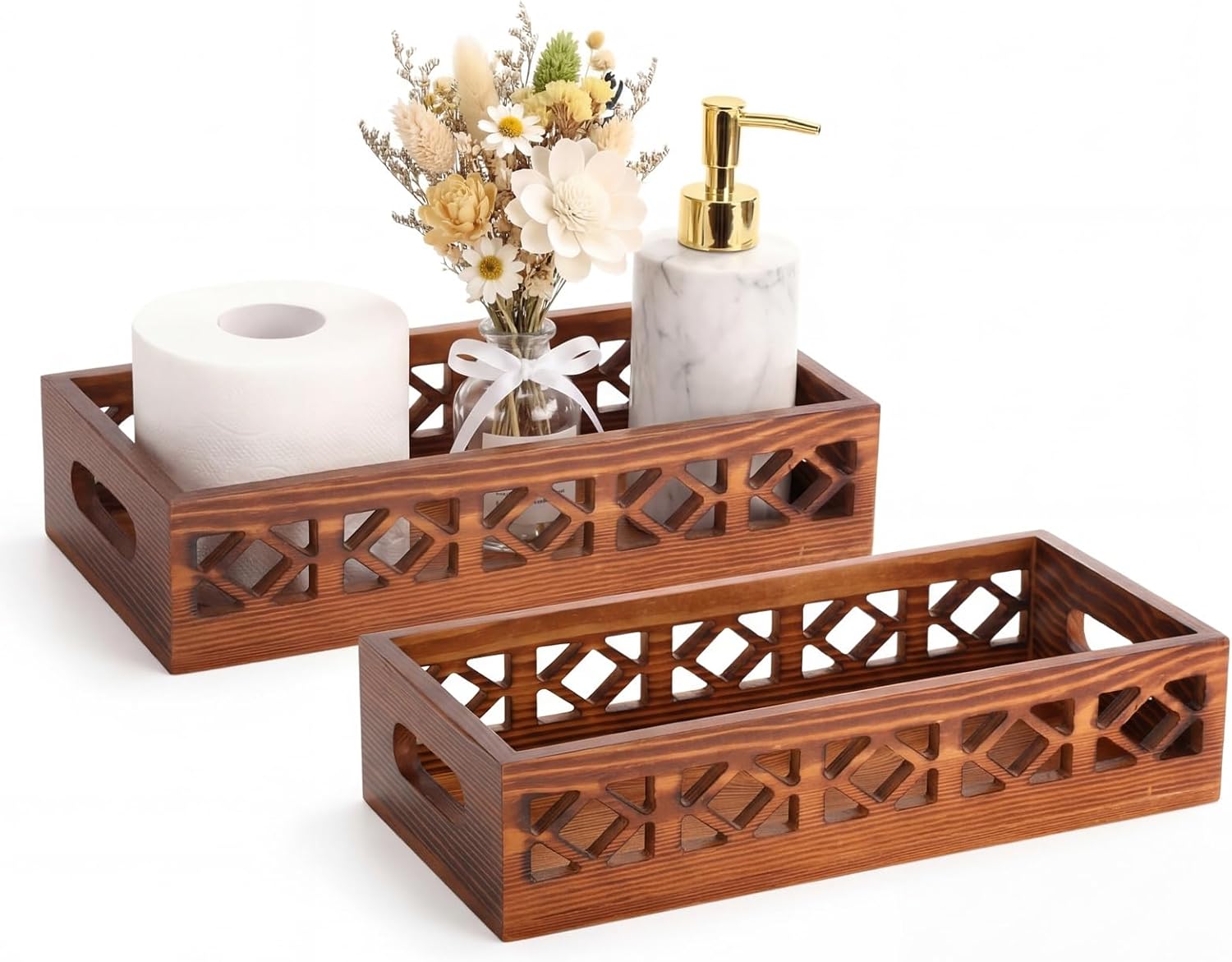 Qunclay 2 Pack Black Toilet Tank Baskets Wooden Toilet Tank Top Paper Baskets with Handle Rustic Hollow Bathroom Paper Organizer Holders Farmhouse Decorative Bathroom Storage Box